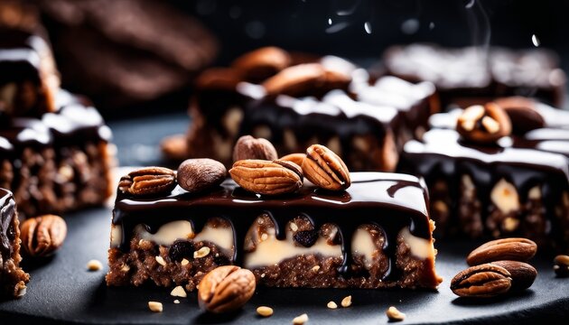 Indulgent chocolate-glazed pecan brownies with a gooey caramel layer, displayed temptingly against a dark backdrop.