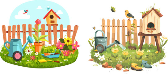 Gardening vector concept. Birdhouse, gumboots and watering can on grass