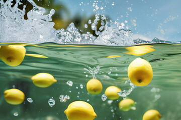 Zitronen die in Wasser fallen Nahaufnahme Hintergrund