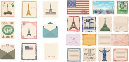 Air mail envelope, post office stamp and postal stamps vector set