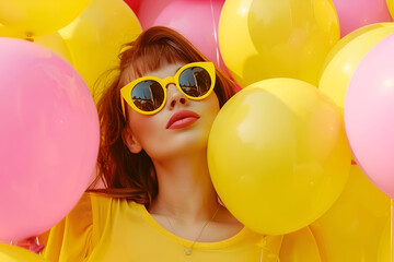 Happy young woman in sunglasses enjoying a holiday with yellow balloons background	
