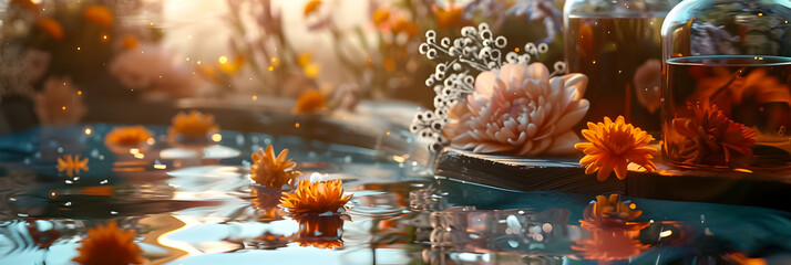 Warmly lit spa setting with marigold flowers floating in water and a glass bottle.