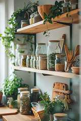 Obraz na płótnie Canvas Wooden kitchen shelves with jars of herbs, spices, and kitchen utensils.