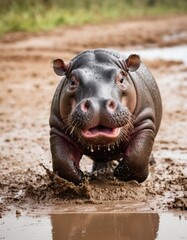 An adorable baby hippopotamus enjoys a playful moment in a mud puddle, creating a heartwarming and natural scene.
