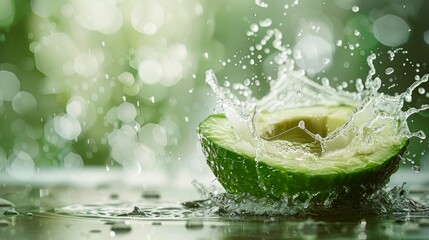 Fresh avocado half with a splash of water against a bokeh green background with copy space