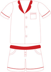 Women pajama set line drawing in white and red colors. Female nightwear with shirt and shorts template