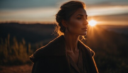 A poised woman in profile, cloaked in warm hues of a sunset that silhouettes the distant hills, evokes a sense of calm and elegance. - Powered by Adobe