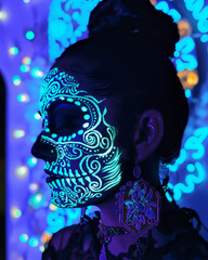 photo of woman with glow in the dark Dia de los Muertos make up, zoomed in