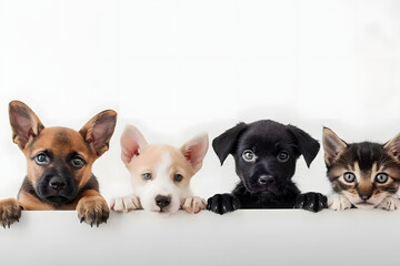 Row of the tops of heads of cats and dogs with paws up, peeking over a blank white sign. Sized for web banner or social media cover - obrazy, fototapety, plakaty
