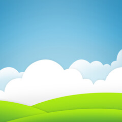 Clouds, blue sky or grass in graphic, background or creative applique on wallpaper art mockup....