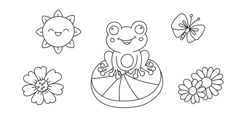Kawaii line art coloring page for kids. Kindergarten or preschool coloring activity. Cute frog sitting on a lotus leaf, flower, sun, and butterfly. Outdoor nature life vector illustration - 767833014