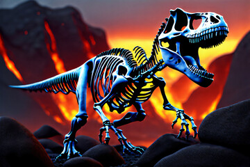 Dinosaurier T-Rex Skelett in einem Lavastrom Nacht - 767833022