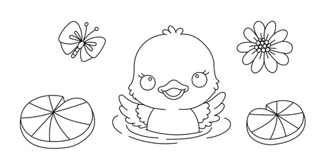 Kawaii line art coloring page for kids. Kindergarten or preschool coloring activity. Cute swimming duckling, flower and butterfly. Outdoor nature life vector illustration