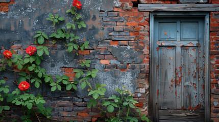 weathered wooden door on a crumbling brick wall. Vines creep through the cracks, adding a touch of nature reclaiming the space. A single, vibrant flower blooms defiantly from a broken brick.