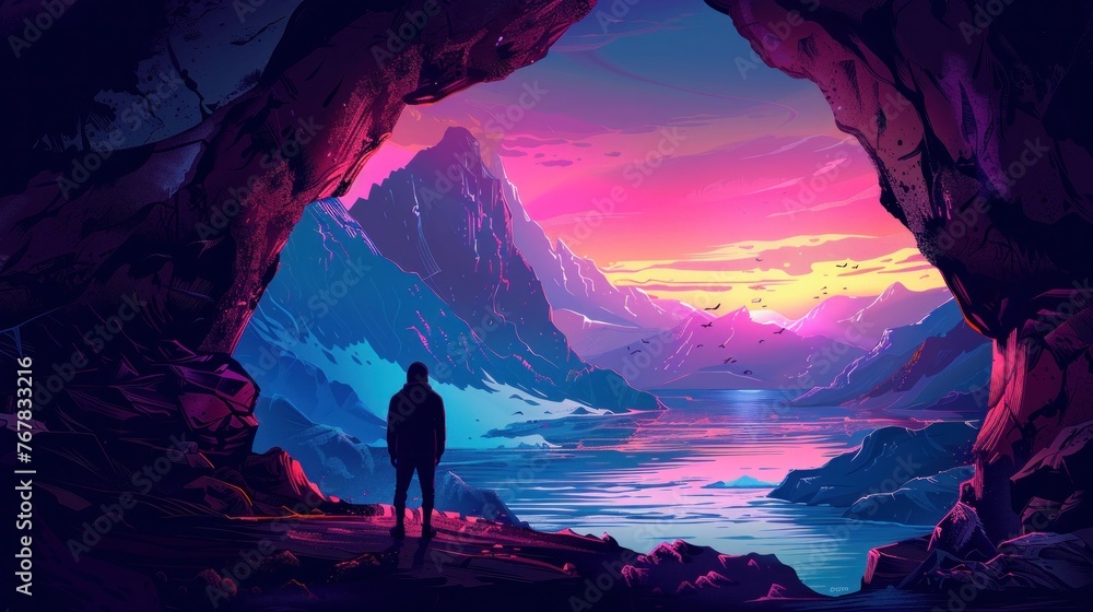 Poster lone figure gazing at snowy mountains from within a mysterious and colorful cave.