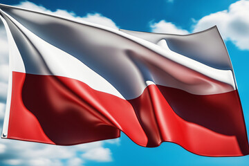 Polnische Flagge vor blauem Himmel im Wind als Hintergrund - 767833206
