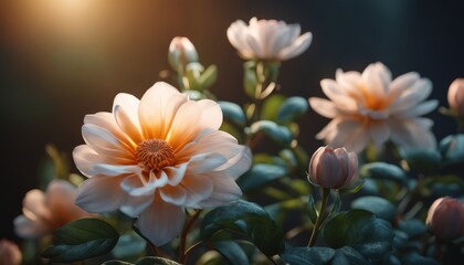 Soft sunlight filters through delicate pastel dahlias, highlighting the subtle beauty of their petals and buds in a serene garden setting.