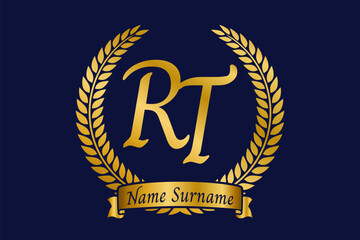 Initial letter R and T, RT monogram logo design with laurel wreath. Luxury golden calligraphy font.