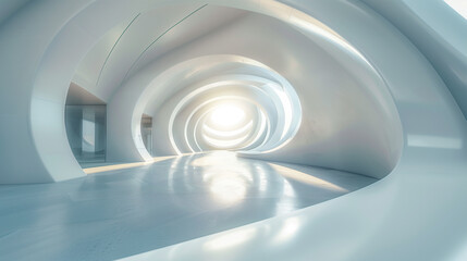 Illustration of a white circular room. Abstract architecture background. Futuristic minimal design. AI generative