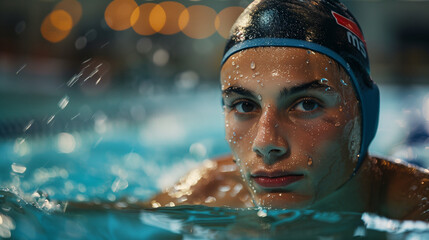 Fototapeta na wymiar A swimmer at poolside, droplets on face and cap