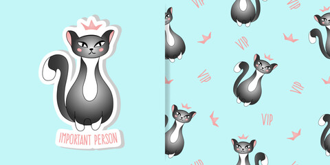 Set of card and seamless pattern with cute grey cat on blue background. Qween, princess cat, very important person. Vector illustration for children.
