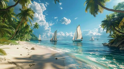 a picturesque scene of a tropical island's sandy beach lined with swaying coconut palms and small sailboats gently bobbing by the shore. - obrazy, fototapety, plakaty
