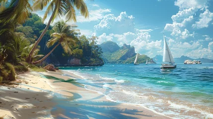 Zelfklevend Fotobehang a picturesque scene of a tropical island's sandy beach lined with swaying coconut palms and small sailboats gently bobbing by the shore. © growth.ai
