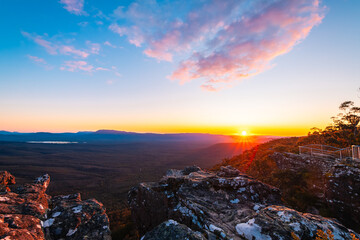 Spectacular sunset above the Victoria Valley viewed from the Reed Lookout, Grampians, Victoria,...