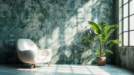 Simple room with an empty green stone wall, a white armchair and a plant, sunlight is shining through the window