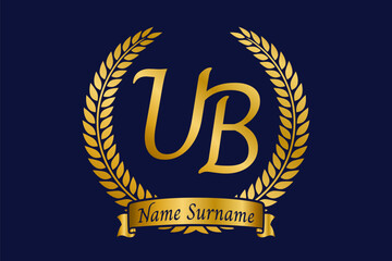 Fototapeta premium Initial letter U and B, UB monogram logo design with laurel wreath. Luxury golden calligraphy font.