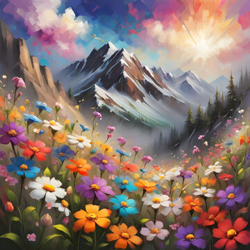  An oil masterpiece depicting flowers blooming against vast, open landscapes, their vibrant petals dancing in harmony with the earth's majestic beauty.