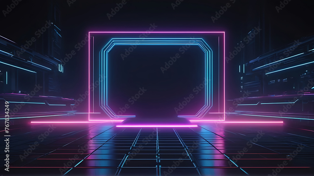 Wall mural Scifi and cyber vintage neon frame wallpaper equalizer effect science fiction background. ai