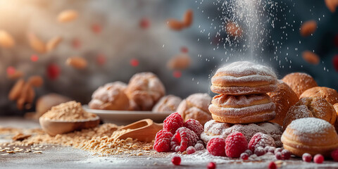 Colorful background with sweets, bakery goods, cookies, pastries and cakes. Confectionary website....