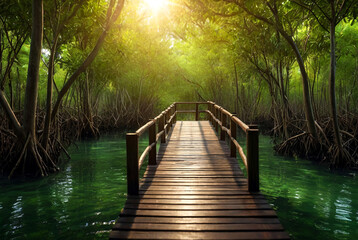 Wood bridge in mangrove green forest. Explore nature. Agriculture and environment protection concept. Cartoon nature illustration. Copy ad text space