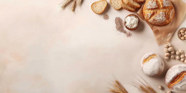 Bakery goods, bread, rolls, buns, cookies, pastries and cakes. Bakery website copy space background. Traditional organic baked goods.