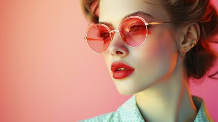a retro-style image featuring a fashionable woman adorned in trendy sunglasses, evoking the...