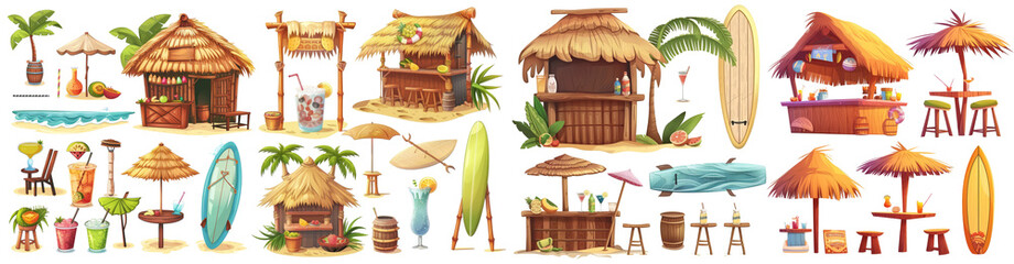 Tiki hut bar, hawaii beach wooden construction with hay roof and bamboo menu isolated. Hawaiian bamboo hut bar surfboard, surfing bungalow, tropical plants - obrazy, fototapety, plakaty