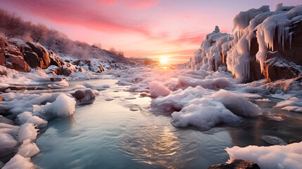 sunset in the mountains,cold snow ice sunset frozen illustration blue sunoutdoor, land tourism,...