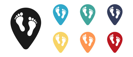 Foot print, barefoot concept vector icon set. Mark it on the map. Illustration