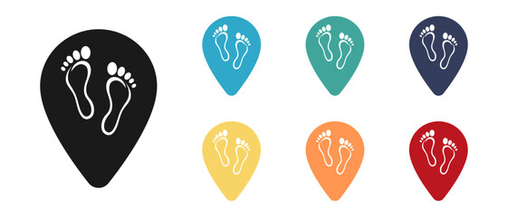 Foot print, barefoot concept vector icon set. Mark it on the map. Illustration