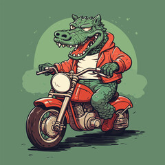 A crocodile biker, riding a motorcycle with a rebellious flair