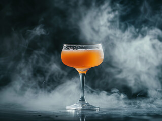 photo of a halloween theme cocktail on a black background with fog, zoomed in, studio setting