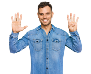 Young hispanic man wearing casual denim jacket showing and pointing up with fingers number nine while smiling confident and happy.