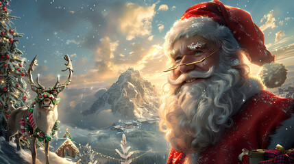 Babbo Natale e Renna Sfondo Santa Claus and Reindeer, generative ai - obrazy, fototapety, plakaty