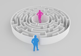 LABYRINTHE - Homme et femme dans un labyrinthe veulent se retrouver dans une stratégie de réussite