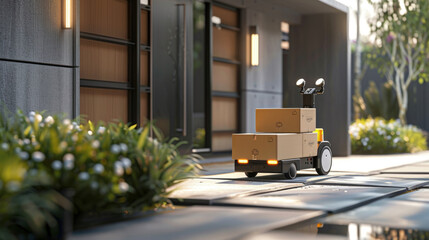 Self-driving delivery robot navigates a sidewalk with packages, showcasing modern logistics technology