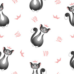 Seamless pattern with cute grey cat  on white background. Qween, princess cat, very important person. Vector illustration for children.