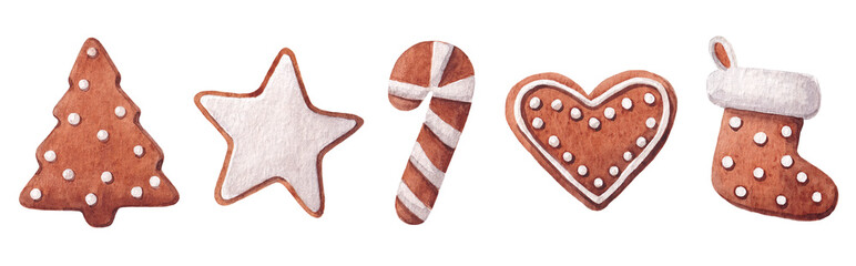 Set of Christmas gingerbread cookies with icing.  Winter traditional cookie with ornament. Hand drawn watercolor illustration isolated on white background.