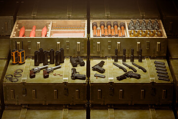Comprehensive Military Equipment Display: Firearms, Ammunition, and More - obrazy, fototapety, plakaty