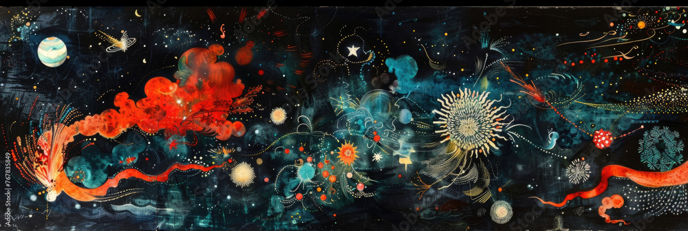 Poster dynamic painting featuring a plethora of vibrant colors and diverse shapes intermingling on the canv